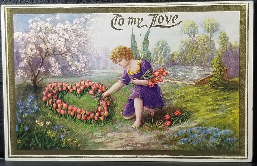 Valentine Postcard Embossed Cupid in Purple Dress Planting Red Tulips in Shape of Heart