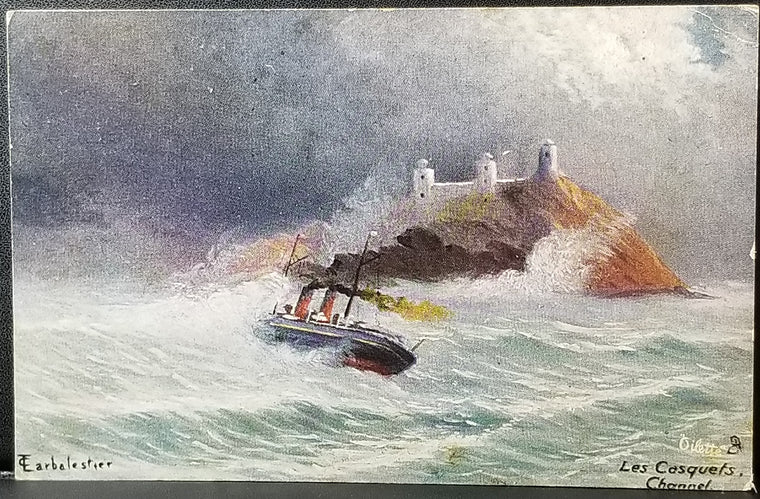 Art Postcard Raphael Tuck Oilette Card Les Casquets Channel Artist Signed T.C. LARBALESTIER  Ship On Rough Waters 7133