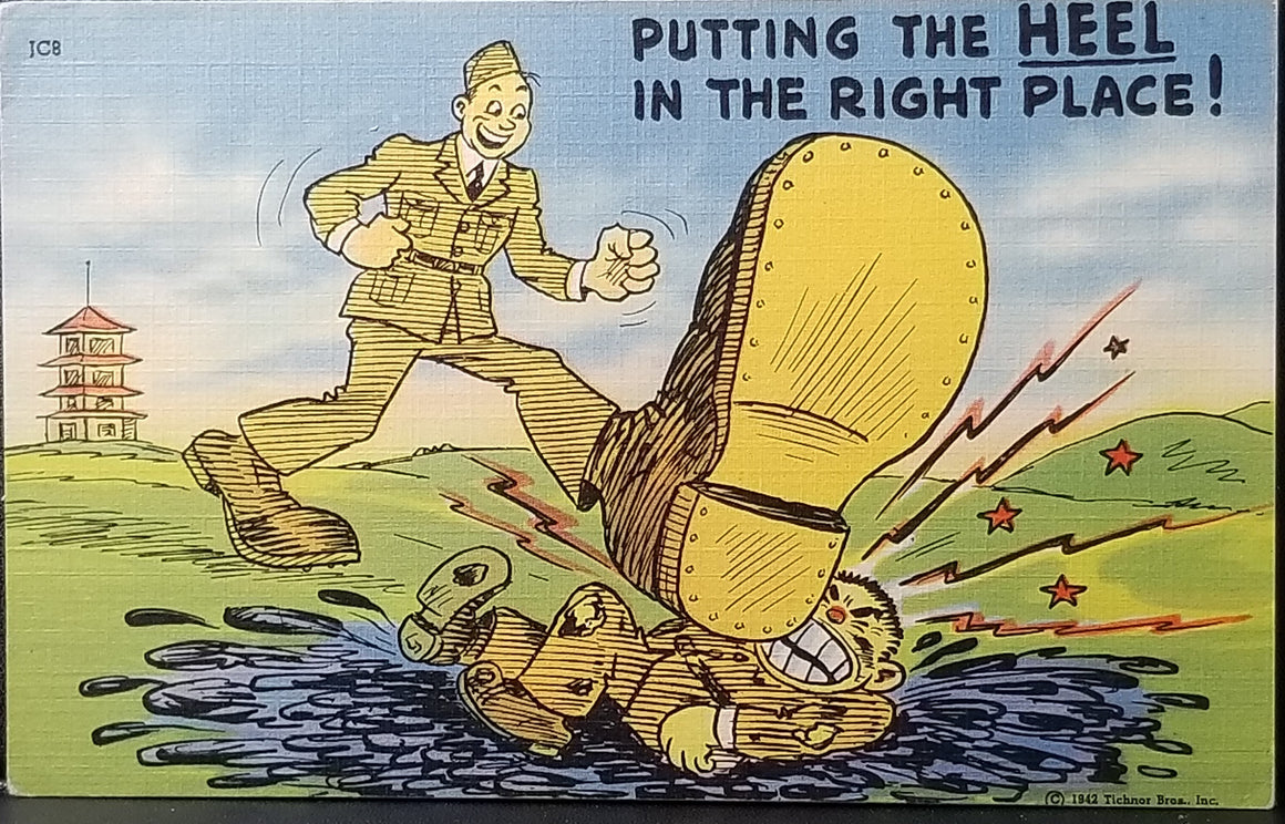Comic Postcard WWII Linen Card Putting the heel in the right place! Man Stepping on Enemy Tichnor Pub.
