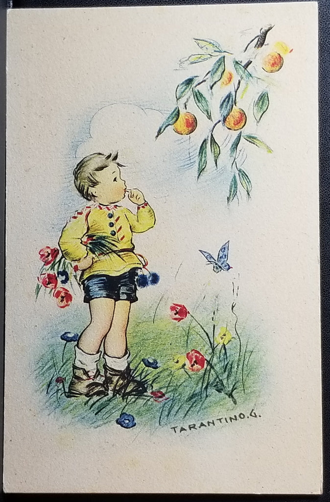 Artist Postcard G. Tarantino Child Picking Flowers Near Fruit Tree
