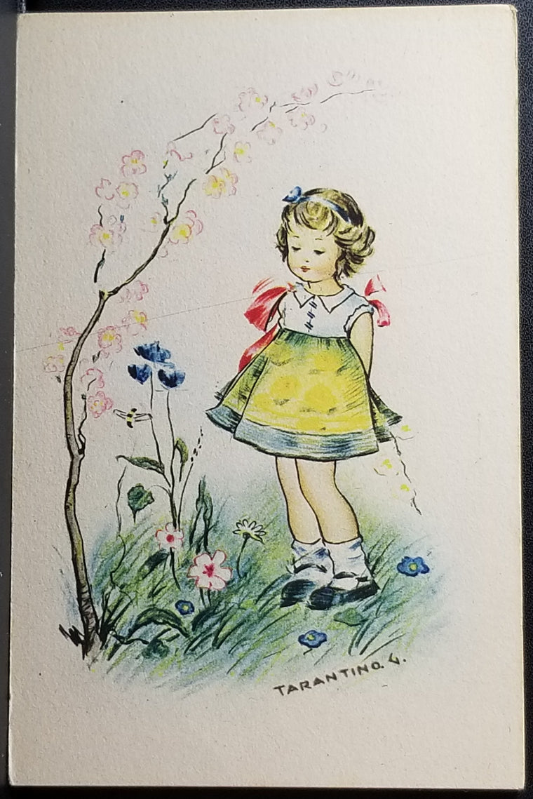 Artist Postcard G. Tarantino Little Girl Admiring Flowers