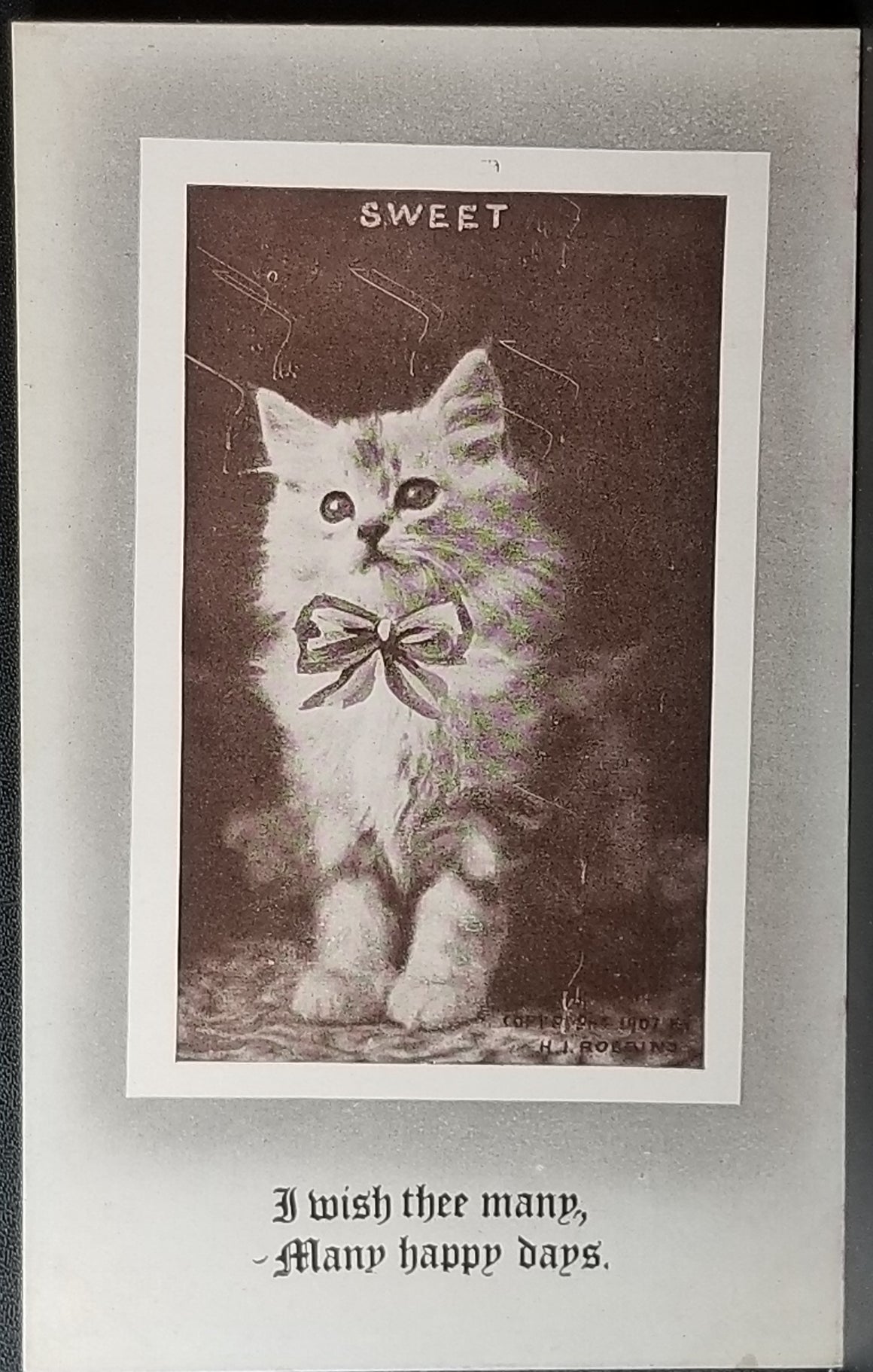 Cat Postcard Little Kitten Wearing Bowtie Sweet A Wish Thee Many Happy Days