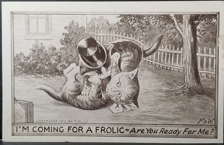 Cat Postcard Anthropomorphic Cats Rolling in Yard Artist Bluh F&W "I'm Coming for a Frolic"