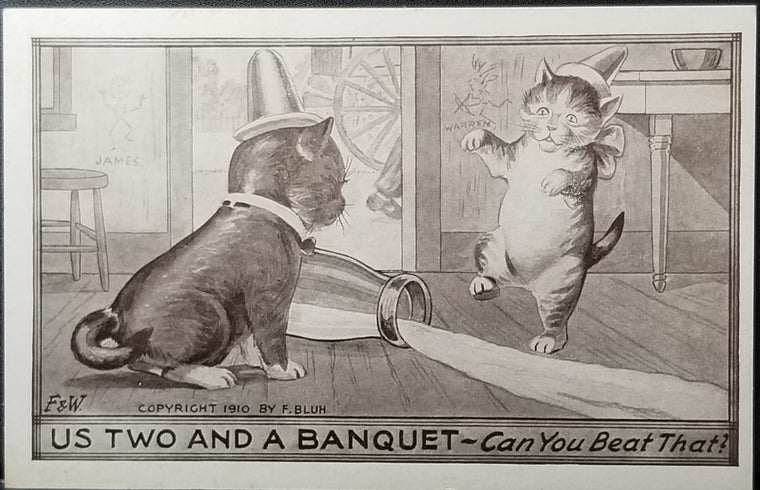 Cat Postcard Anthropomorphic Cats Fancy Dressed Sharing Milk Artist Bluh F&W "Us Two and a Banquet"
