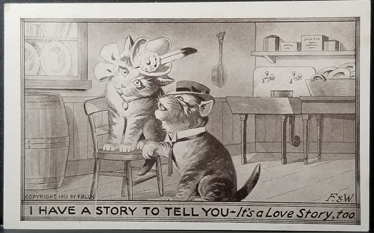 Cat Postcard Anthropomorphic Cats Fancy Dressed Couple Artist Bluh F&W "I Have a Love Story"