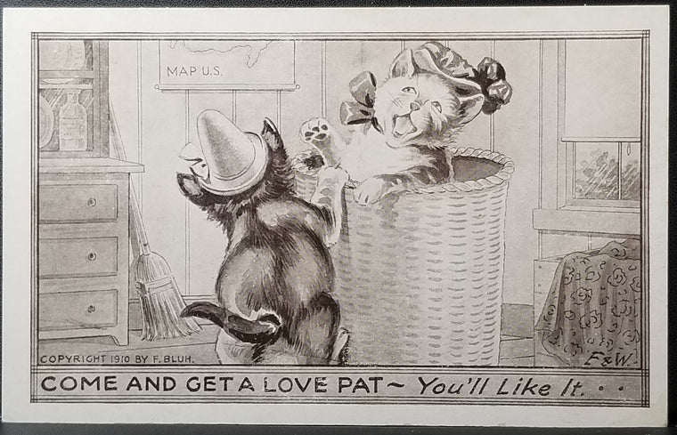 Cat Postcard Anthropomorphic Cats Playing in Basket Artist Bluh F&W "Come Get A Love Pat"