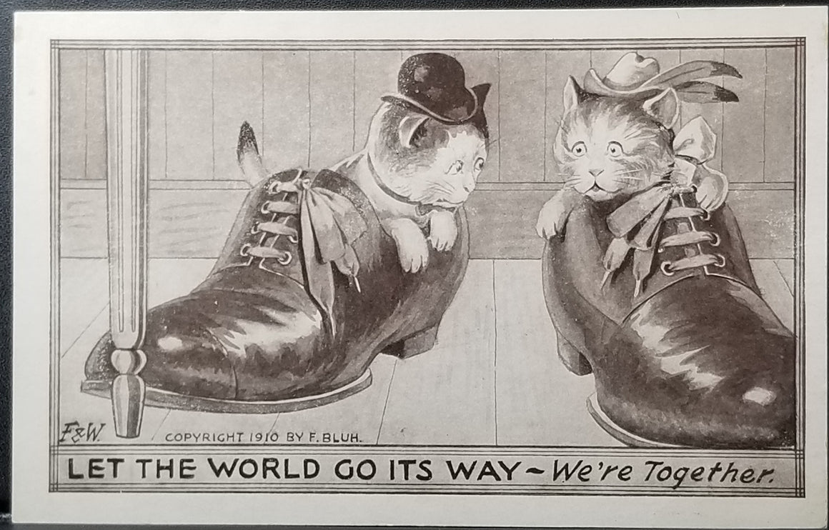 Cat Postcard Anthropomorphic Cats Playing in Shoes Artist Bluh F&W "Let the World Go Its Way We're Together"