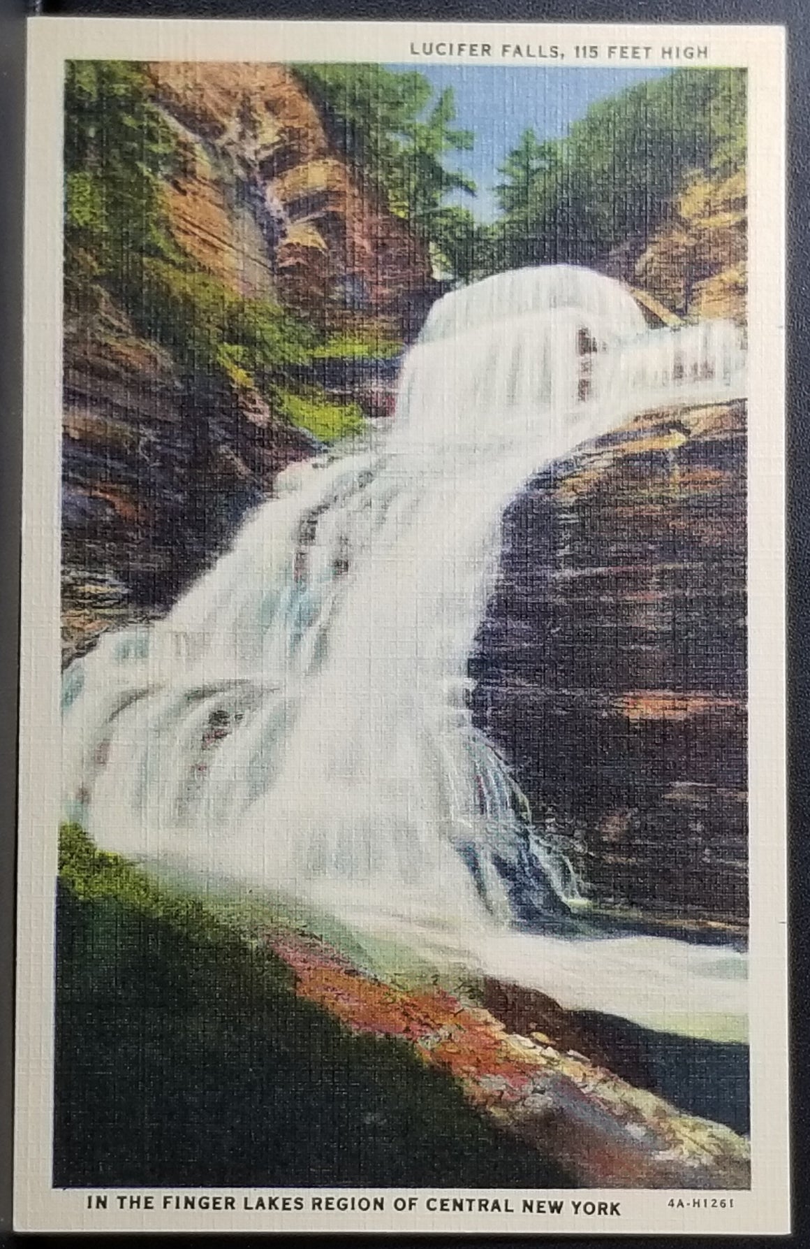 NY Scenic Postcard Finger Lakes Region Central New York Ithaca Treman State Park Lucifer Falls Linen Card
