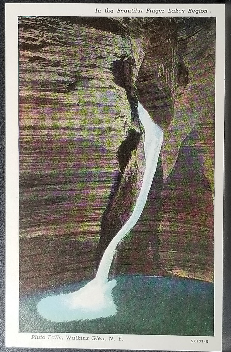 NY Scenic Linen Postcard Finger Lakes Region Central New York Watkins Glen Pluto Falls
