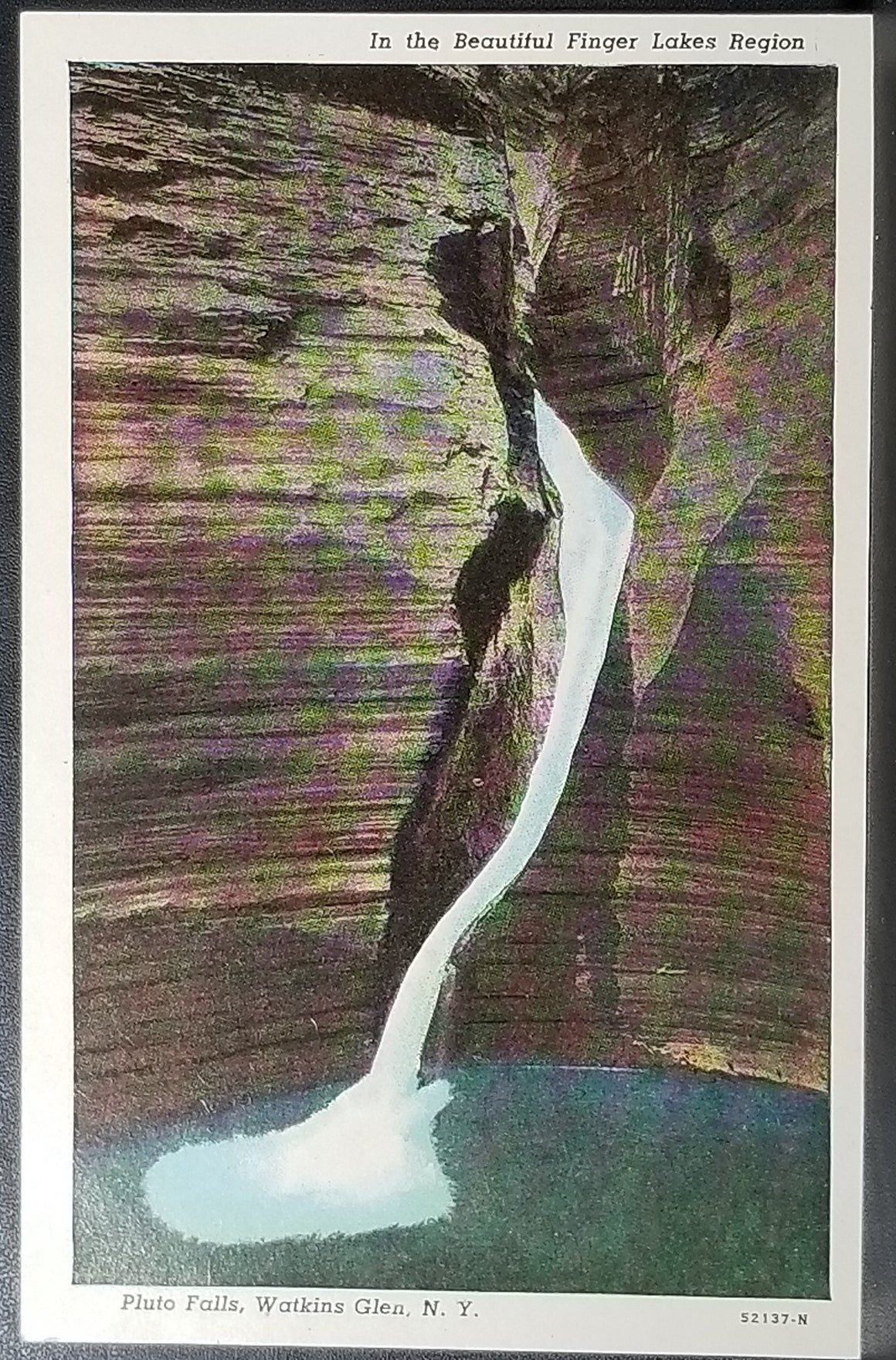 NY Scenic Linen Postcard Finger Lakes Region Central New York Watkins Glen Pluto Falls