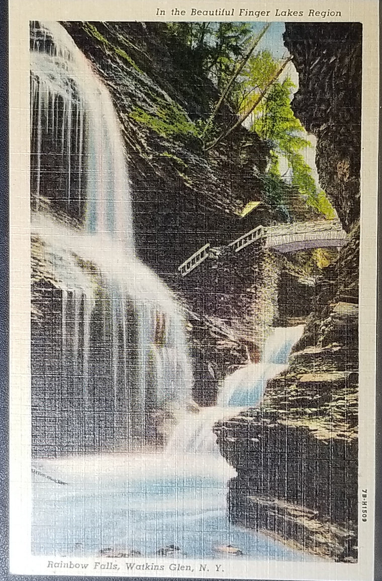 NY Scenic Linen Postcard Finger Lakes Region Central New York Rainbow Falls Watkins Glen