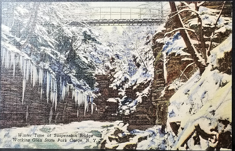 NY Scenic Linen Postcard Finger Lakes Region Central New York Winter Time at Suspension Bridge Watkins Glen State Park Gorge