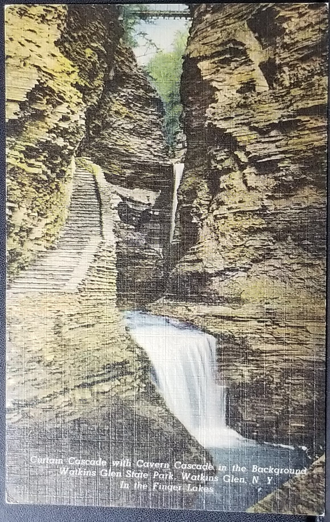 NY Scenic Linen Postcard Finger Lakes Region Central New York Watkins Glen Curtain Cascade with Caverns