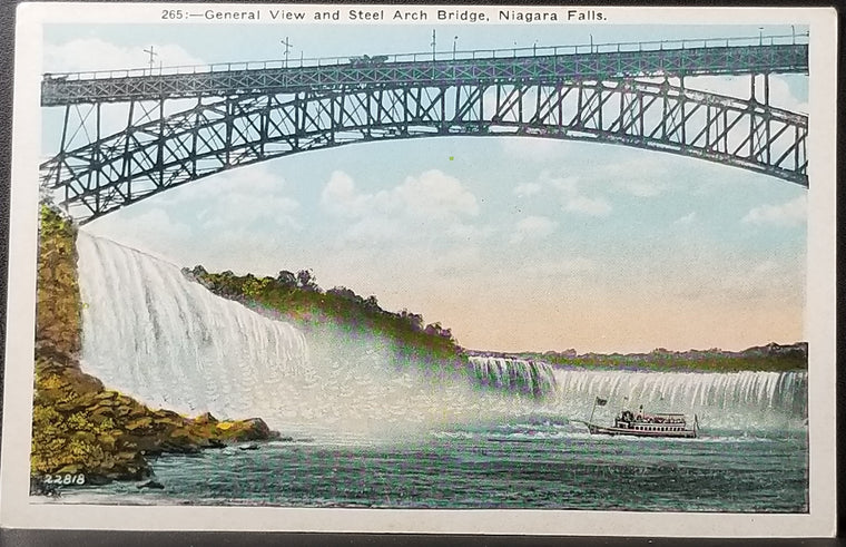 NY Scenic Postcard General View and Steel Arch Bridge Niagara Falls with Maid of Mist
