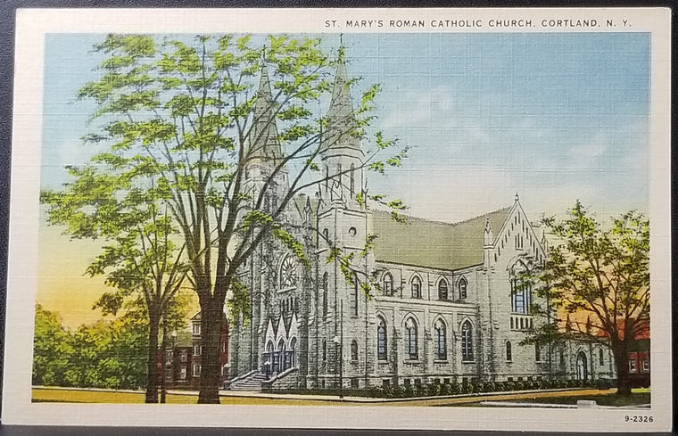 NY Scenic Linen Postcard St Mary's Roman Catholic Church Cortland New York