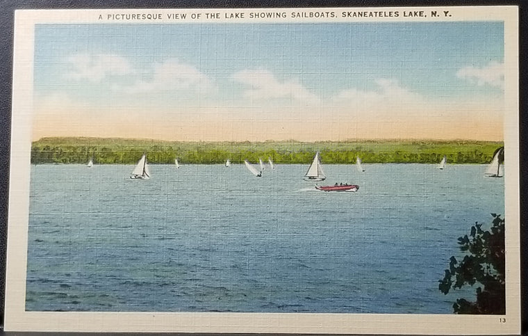 NY Scenic Linen Postcard A View O The Lake Showing Sailboats Skaneateles Lake New York