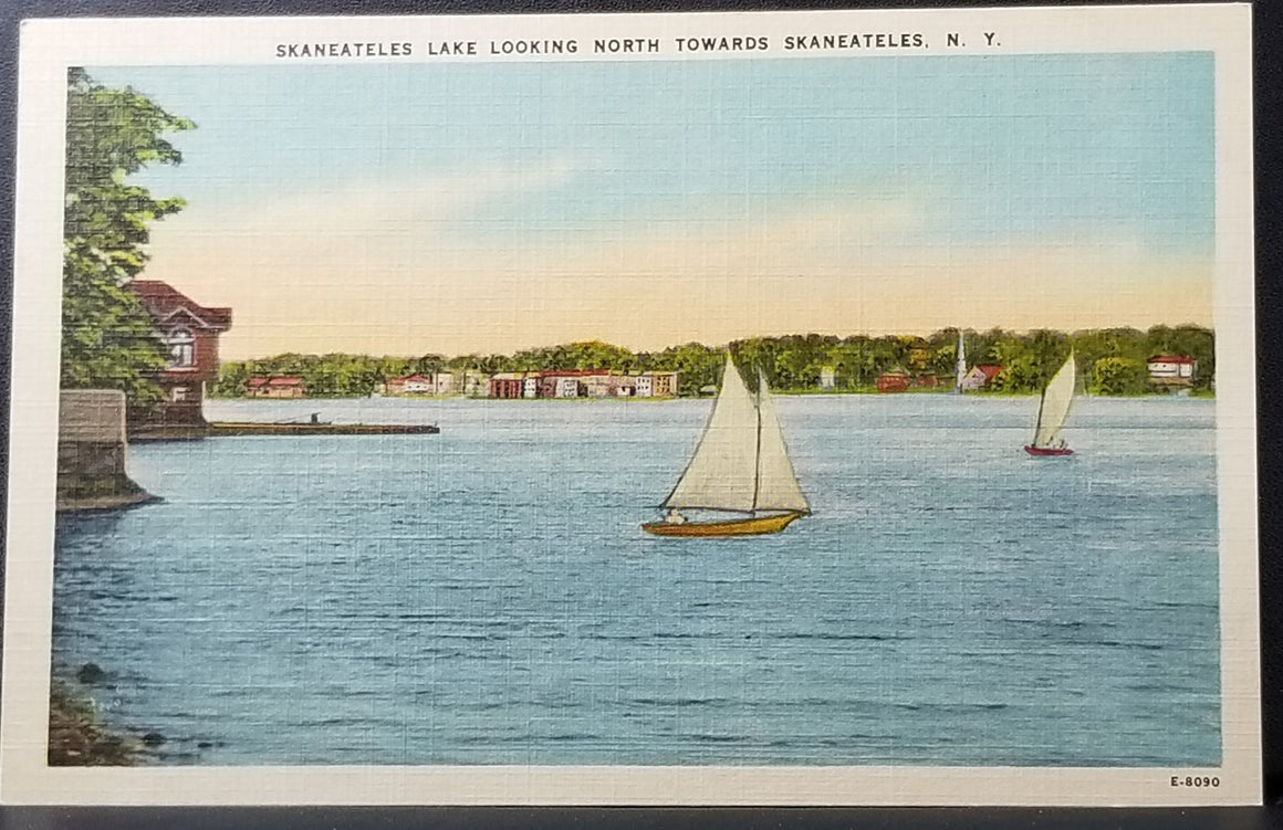 NY Scenic Linen Postcard Sailboats at Skaneateles Lake New York Looking North
