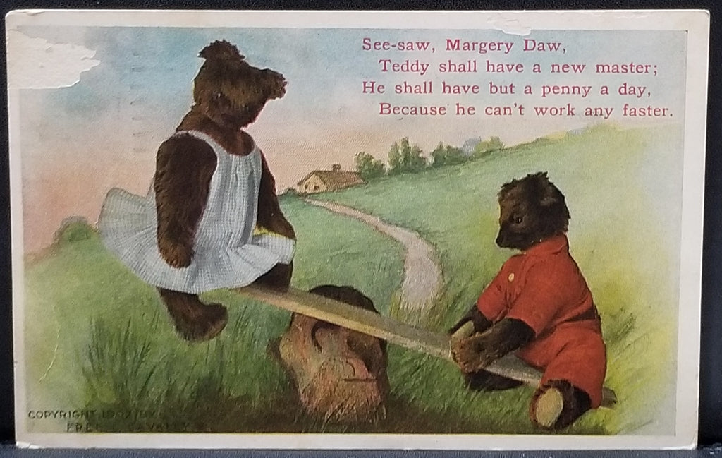 Anthropomorphic Bears Dressed and Playing See Saw Teeter Totter Artist Fred Cavally Mother Goose Series