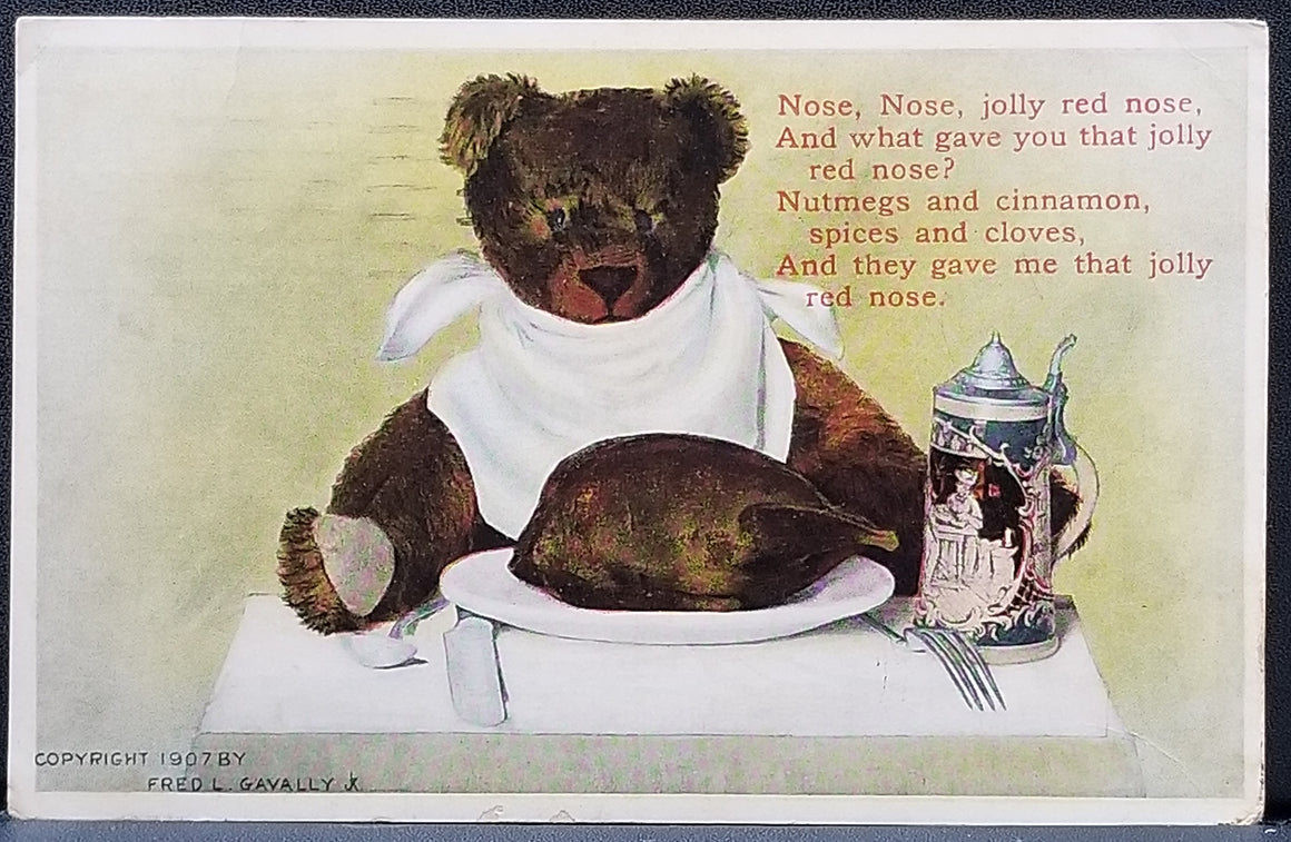 Anthropomorphic Bear Seated at Table Wearing Napkin Eating Turkey with Beer Stein Artist Fred Cavally Mother Goose Series