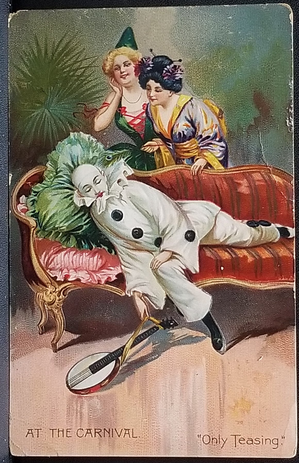Carnival Themed Postcard Pierrot Asleep on Sofa Women in Costume Watching Raphael Tuck Series 117