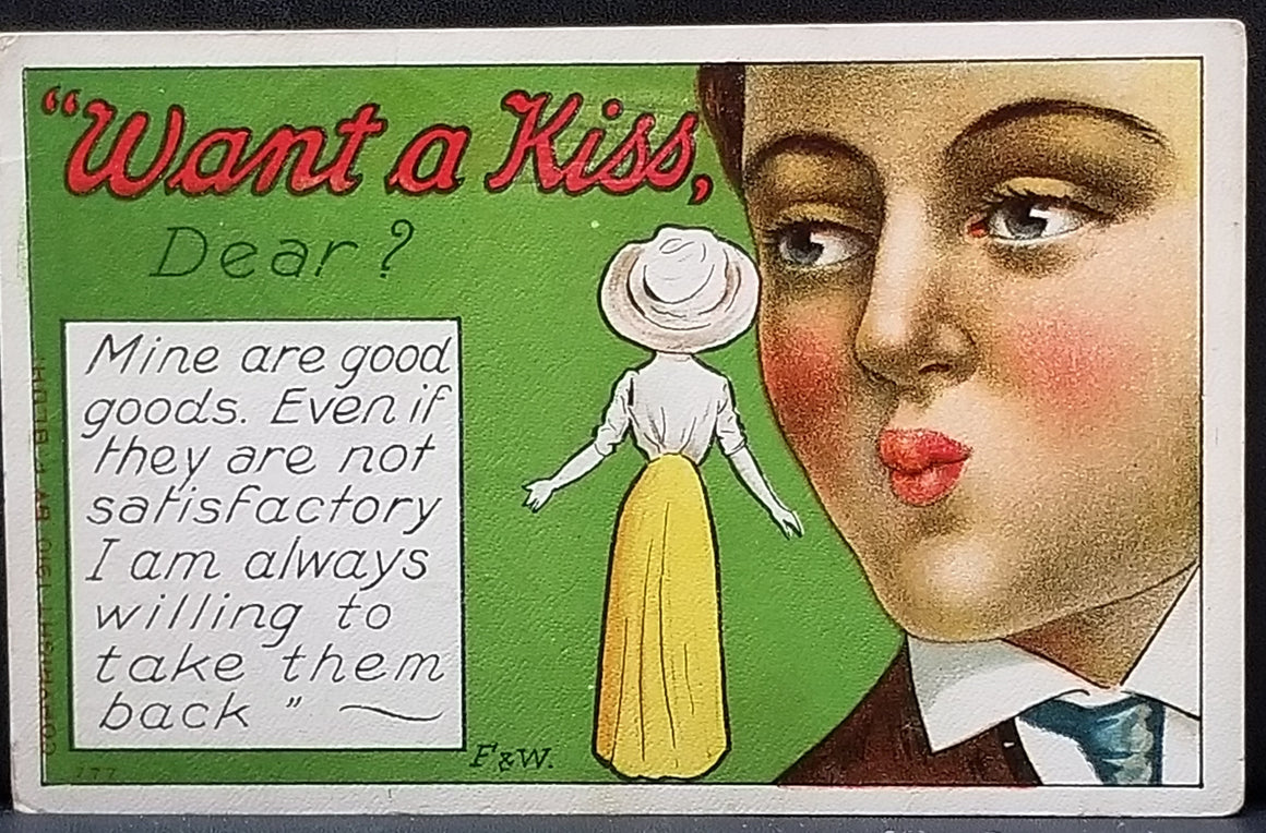 Comic Postcard Artist F. Bluh Want a Kiss Dear Giant Man Small Woman FW Pub
