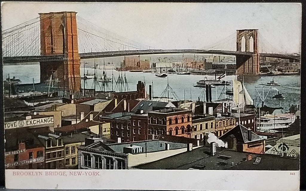 NYC Postcard New York NY Brooklyn Bridge 1900s View Boats Harbor & Factories