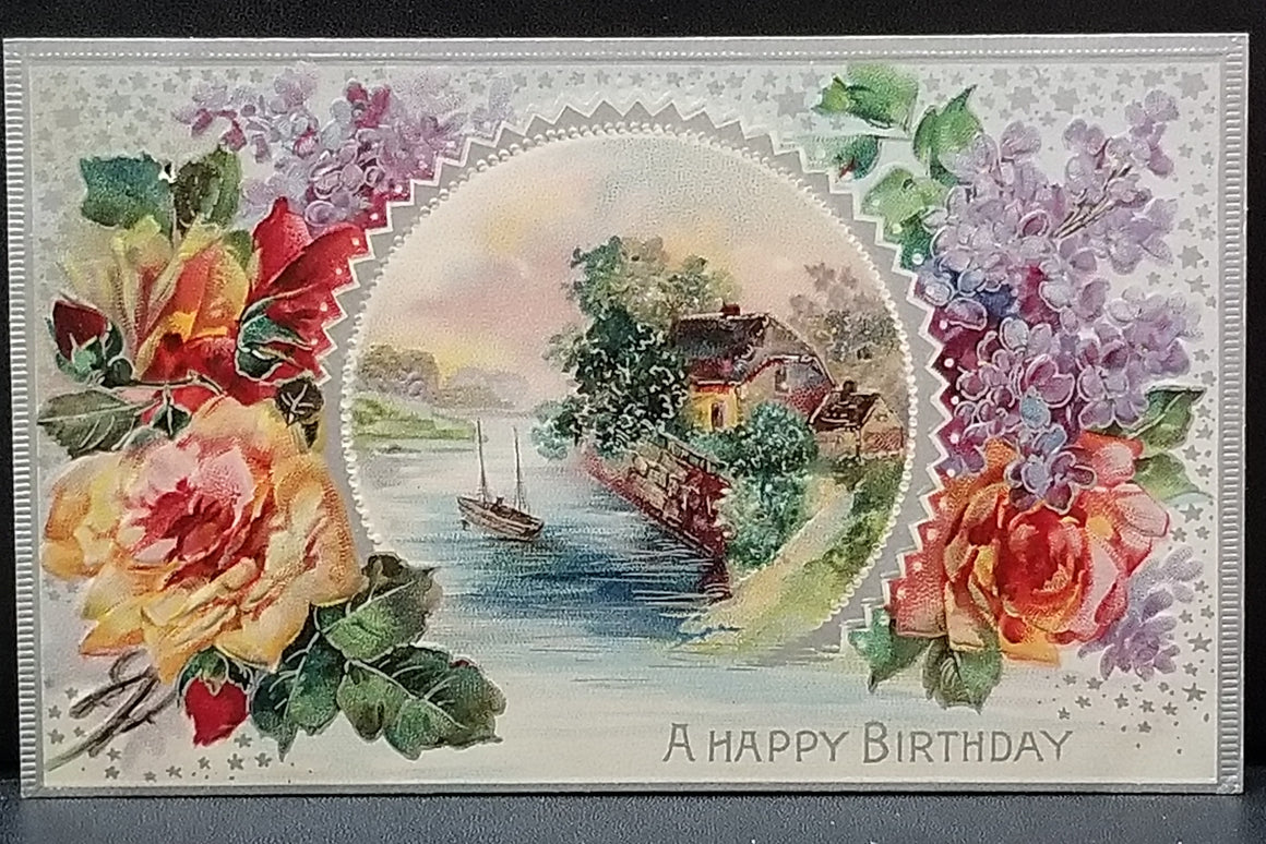Birthday Postcard Silver Embossed Roses, Flowers & Landscape Series 1620b