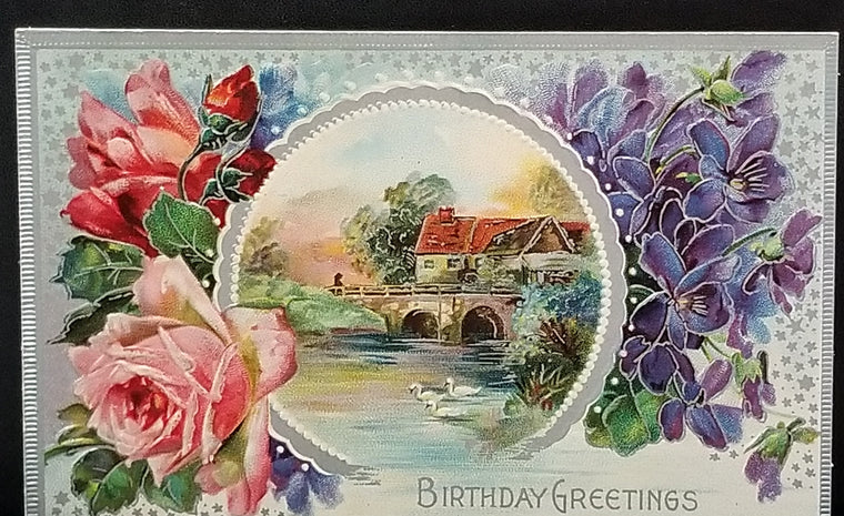 Birthday Postcard Silver Embossed  Flowers & Landscape Home with Water Series 1620b