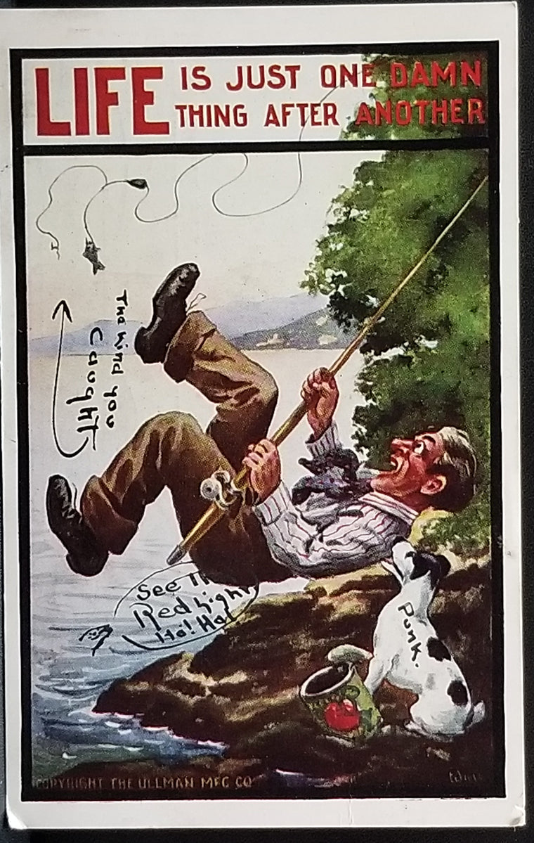Comic Postcard Artist Wall Man Slipping While Fishing Dog Laughing Life is Just One D*mn Thing After Another