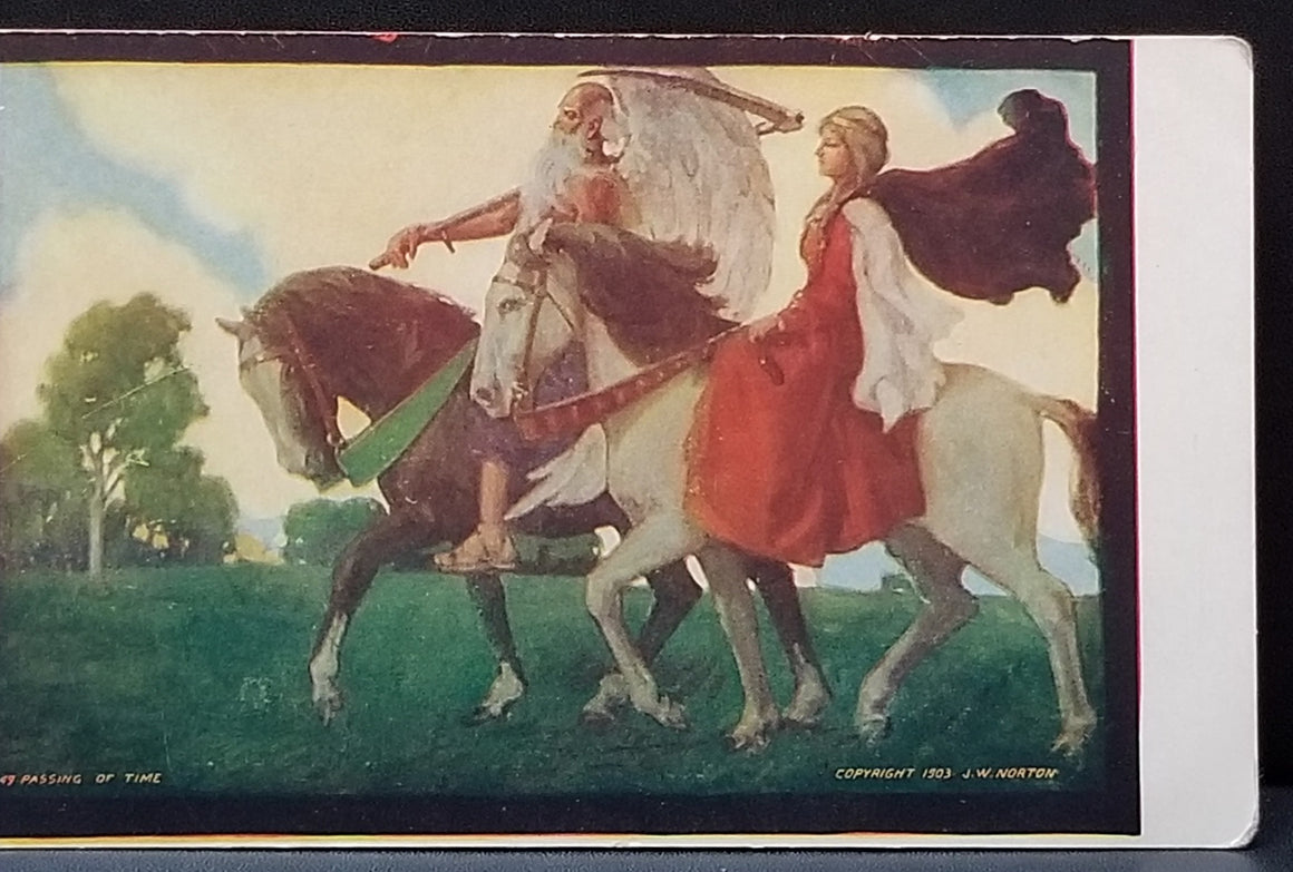 Artist Postcard Passing Of Time JW Norton Father Time with Sickle Maiden on Horse National Art  CO 1900s Card
