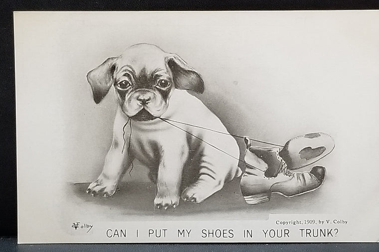 Adorable Puppy Dog Pulling Owners Shoes (Vincent) V. Colby Monochromatic Card