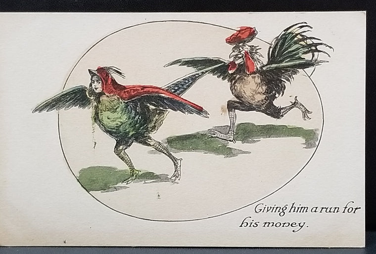 Comic Postcard Anthropomorphic Man in Rooster Suit Chasing Woman as Hen Give Him a Run for His Money