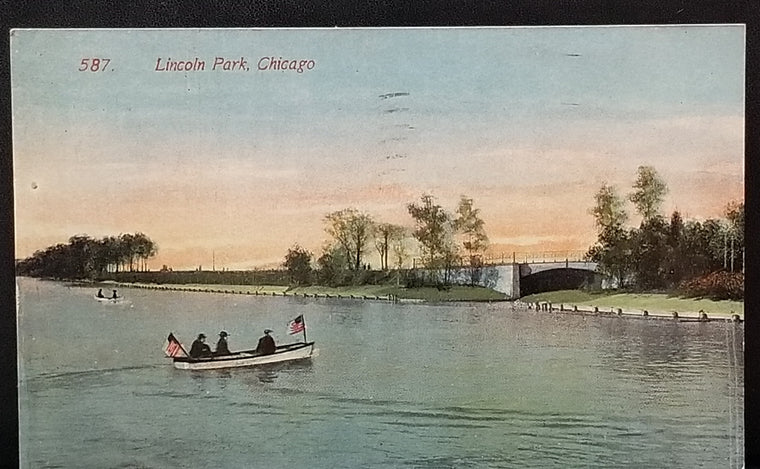 Chicago Illinois Postcard Lincoln Park 1909 Men in Boat with American Flags IL Card