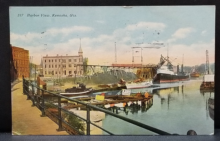 Harbor View Kenosha Wisconsin Postcard 1913 Buildings & Boats WI Card