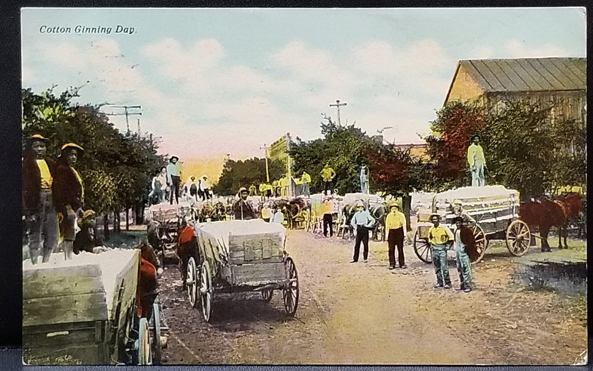 Black Americana Postcard Cotton Ginning Day Men in Street with Wagons 1910