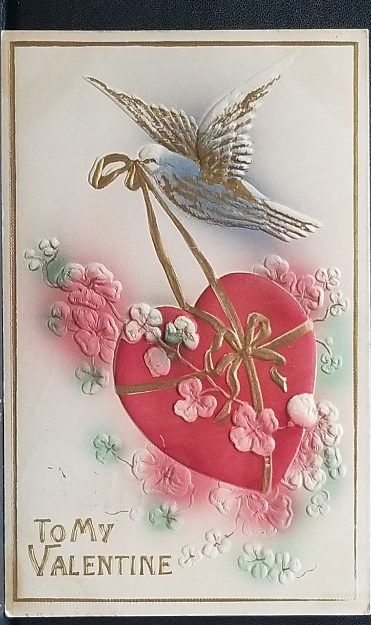 Valentine Postcard Embossed Art Nouveau Card Air Brush Bird Carrying Heart & Flowers