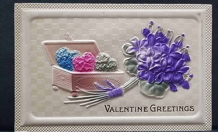 Valentine Postcard Heavy Embossed Art Nouveau Card Air Brush Flowers in Basket