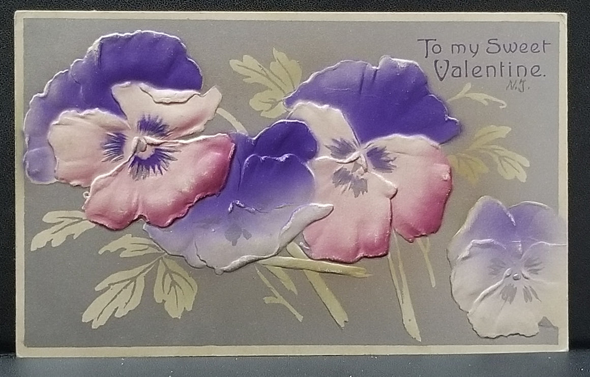 Valentine Postcard Heavy Embossed Art Nouveau Card Air Brushed Purple Pink Pansies Silver Background