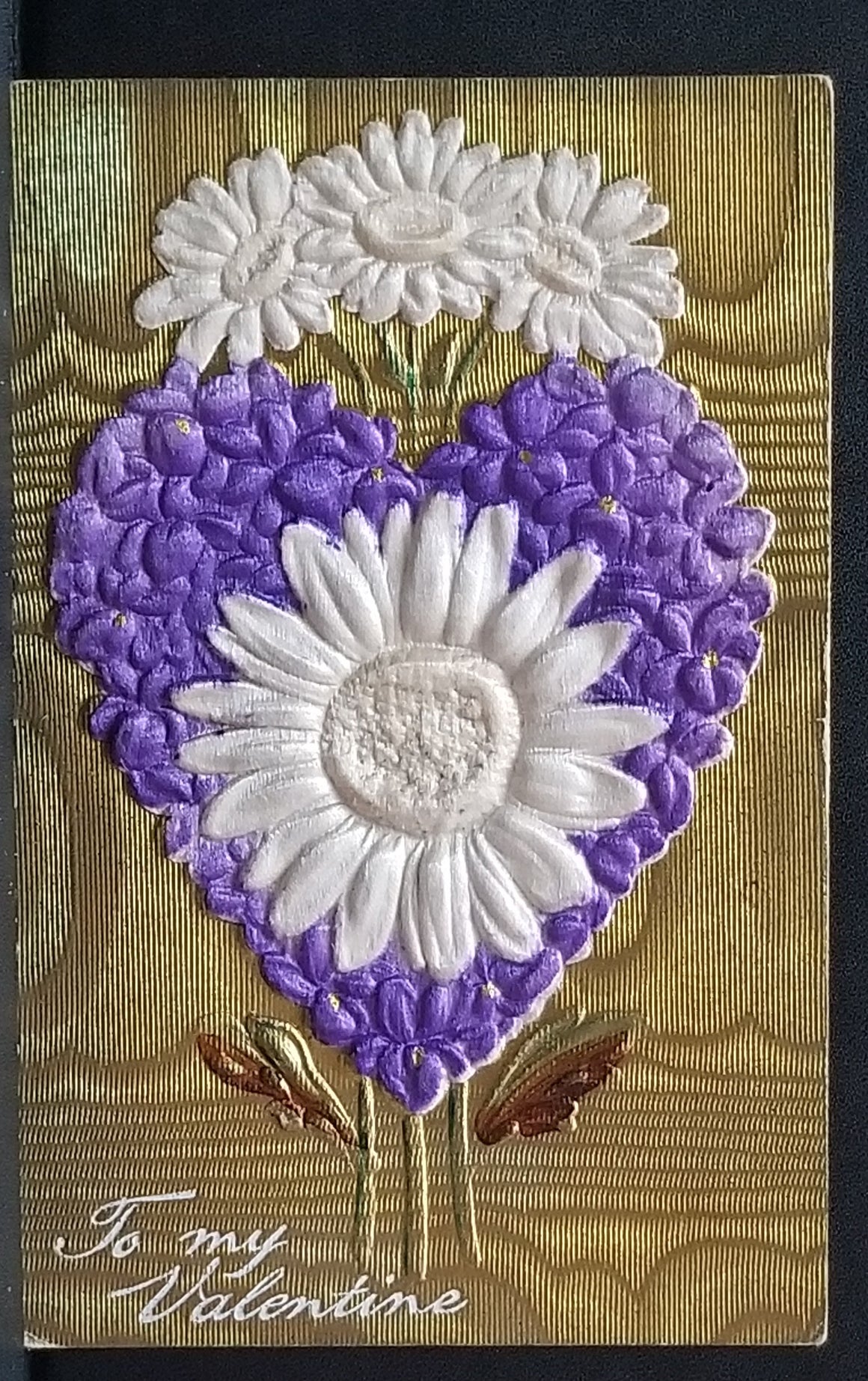 Valentine Postcard Heavy Embossed Art Nouveau Card Air Brushed Purple Heart with White Daisies Gold Texture Background