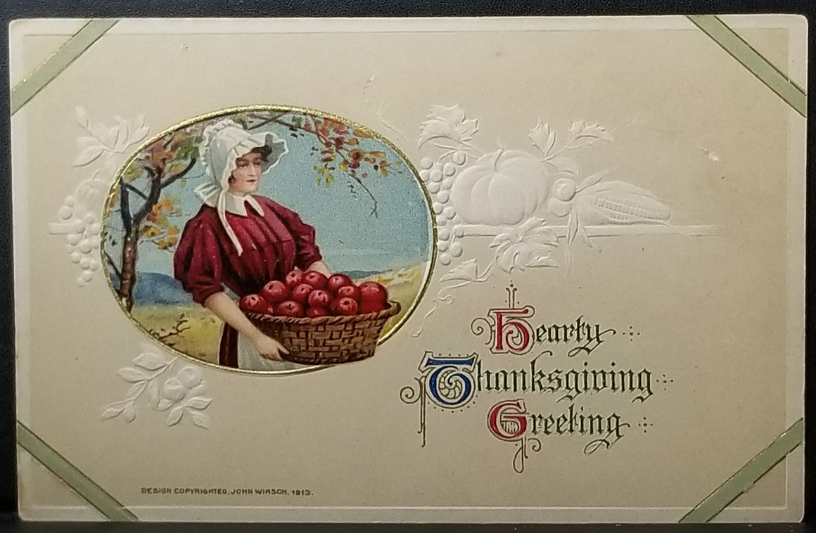 Thanksgiving Postcard Embossed Card Woman Carrying Basket of Apples Winsch Publishing Made in Germany