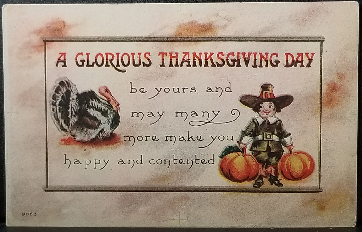Thanksgiving Postcard Pilgrim with Turkey Series 9083