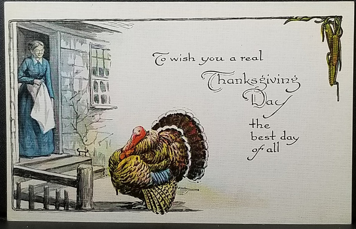 Thanksgiving Postcard Pilgrim Woman at Door Greeting Large Turkey Series No. 467 Design 6