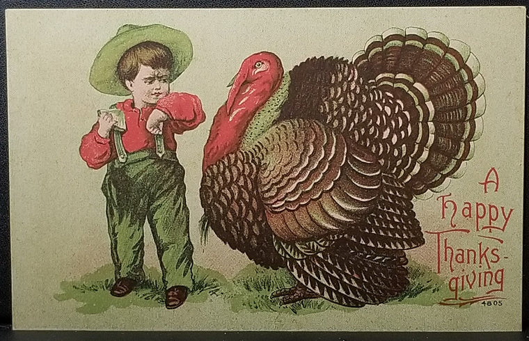 Thanksgiving Postcard Small Farm Boy Standing with Giant Turkey Green Red Highlights
