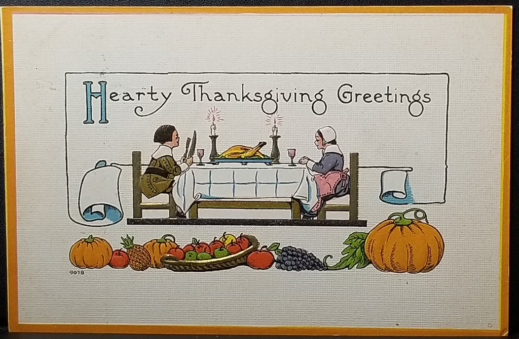 Thanksgiving Postcard Pilgrims Seated at Dinner Table Bergman Publishing Fall Harvest Border