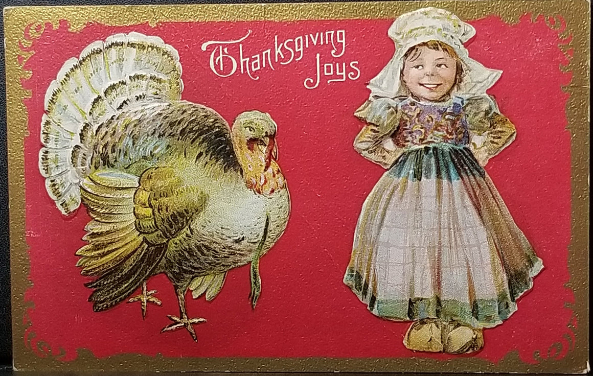 Thanksgiving Joys Postcard Series No 6 Red Background Gold Trim Turkey Little Girl