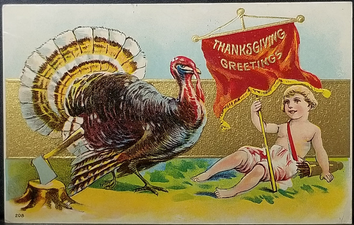 Thanksgiving Postcard Turkey Bird with Cherub Cupid Boy Holding Arrows and Flag