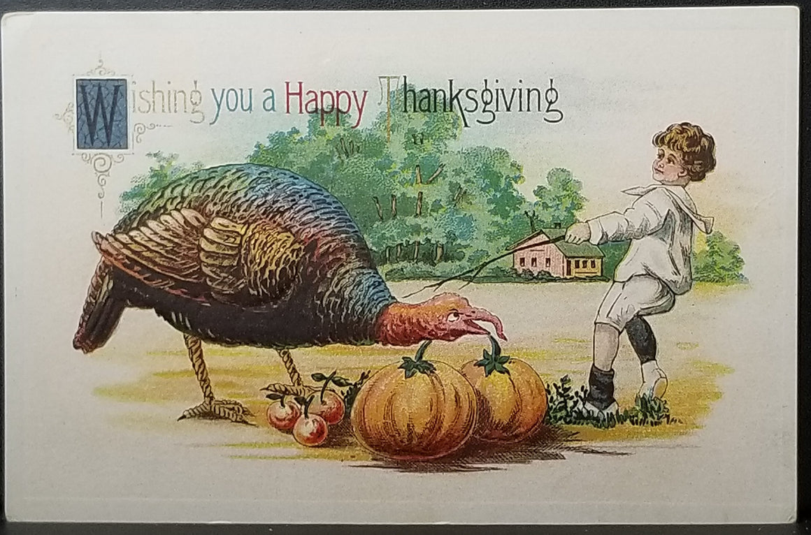 Thanksgiving Postcard Embossed Card with Boy Poking Stick at Giant Turkey in Garden Series 623
