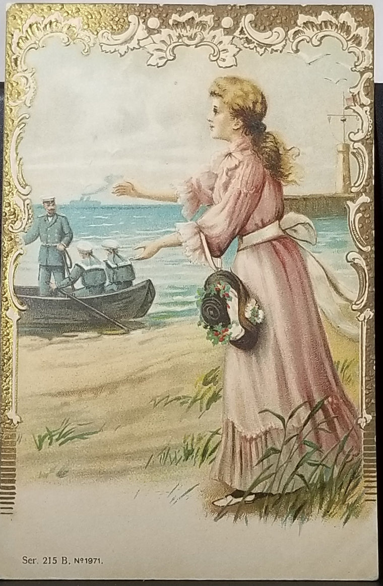 Art Nouveau Postcard Woman Greeting Sea Captain at Water's Edge Series 215