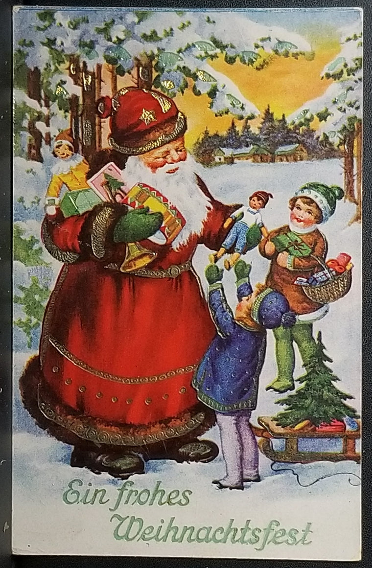 German Christmas Santa Claus Postcard Kris Kringle with Children Gold Highlights Ein Frohes Weihnachtsfest Merry Christmas