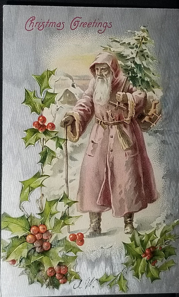 Christmas Postcard Santa Claus Pink Robe Silver Textured Background Winsch Publishing Germany